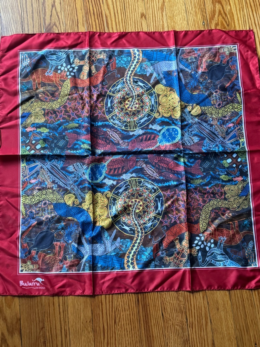 Bulurra Red Border Multicolor Aboriginal Print Scarf made in Australia